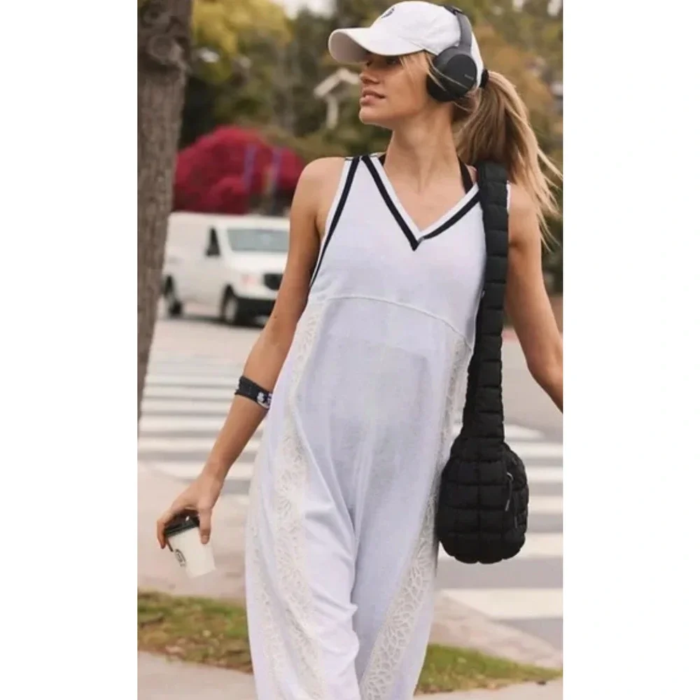 FREE PEOPLE FP MOVEMENT HEATHER GREY WHITE LACE DAY TRIP ONE PIECE JUMPSUIT SZ L